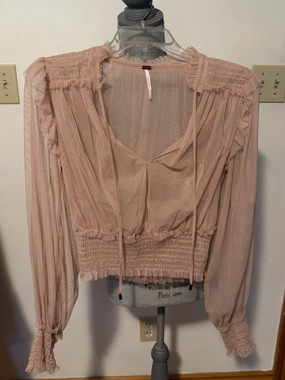 Free People Blush Sheer Smocked Waist Blouse
